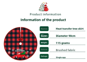 Detail of red and black buffalo plaid Christmas tree skirt with festive truck print