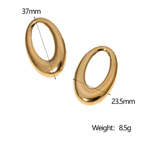 Detail view of gold oval earrings measuring 37mm by 23.5mm and weighing 8.5g