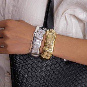 Minimalist wide open acrylic cuffs with geometric wavy texture in gold and silver finish