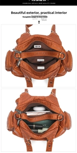 Detailed interior storage view of the brown soft leather multi-pocket tote bag