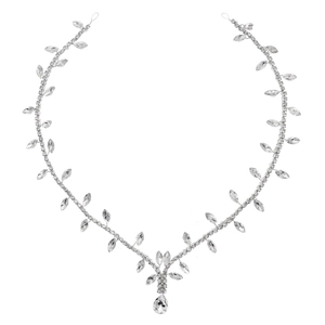 Elegant silver bridal headpiece with crystal leaves and water drop pendant for weddings
