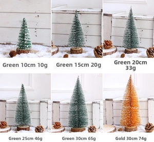 Miniature flocked Christmas trees with wooden bases in various sizes and festive colors