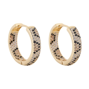 Fashionable gold-plated hoop earrings with multicolor zircon leopard pattern on white background