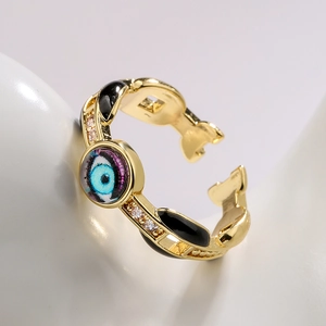 18K gold plated evil eye open ring with black enamel and white zircon details