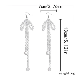 Size dimensions and weight detail for the long pearl bow tassel drop earrings