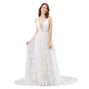 Elegant white V-neck sleeveless lace wedding dress with floral embroidery and long train