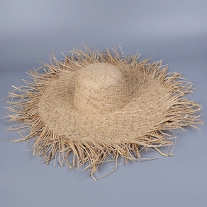 Chapeau De Paille En Raphia À Bord Large Surdimensionné Tissé À La Main Bord Effiloché Protection Solaire Plage Vacances