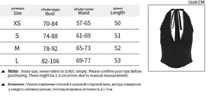 Size chart table for deep V-neck halter top showing bust, waist, and length measurements