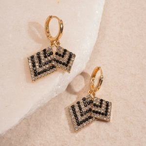 Vintage geometric diamond-encrusted gold rhombic hoop earrings for women with black and white rhinestones