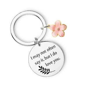 Engraved stainless steel keychain with pink flower charm and I Love You message gift