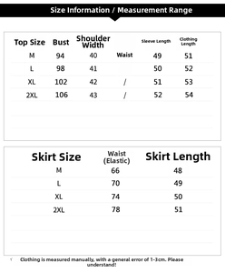 Size chart for mink velvet jacket and skirt set with detailed measurements in centimeters