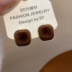 Retro brown velvet square stud earrings with S925 silver needles and gold metal trim