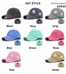 Detail view of distressed ponytail baseball caps with star embroidery in various colors