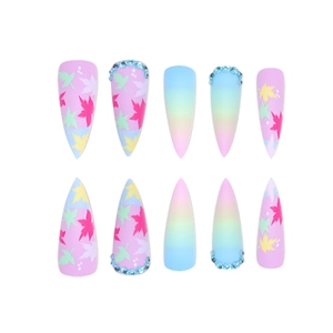 Colorful maple leaf stiletto press-on nails with ombre design and blue rhinestones