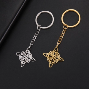 Detailed view of silver and gold stainless steel keychain with Celtic knot charm