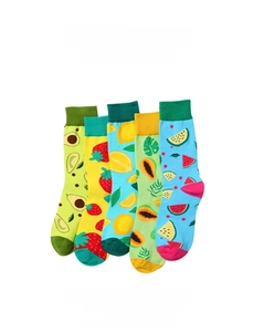 Detail of colorful fruit patterns on five mid-calf cotton socks in various bright colors