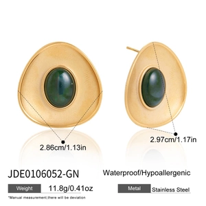 Detailed view of irregular gold stainless steel earrings with dark green resin gems