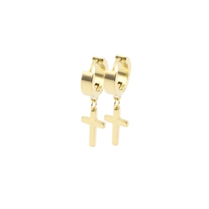 Pair of gold stainless steel cross huggie earrings on a clean white background