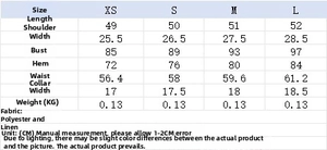 Detailed size chart for women open back vest including length and bust measurements