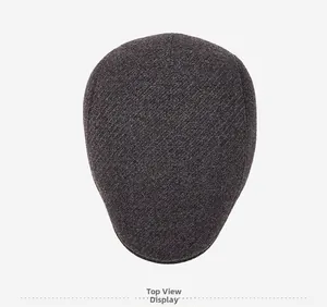 Top view of men's thermal beret hat in dark grey with thick wool texture for winter wear