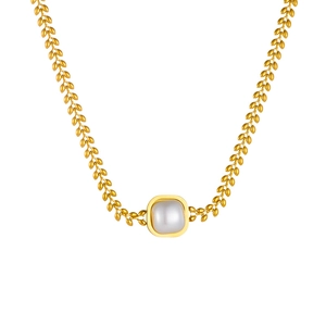 Elegant gold plated stainless steel wheat chain necklace with square pearl pendant