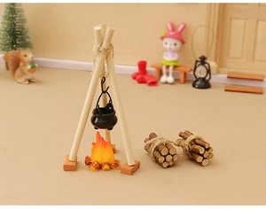 Miniature dollhouse camping set with wooden tripod, hanging pot, and resin campfire model