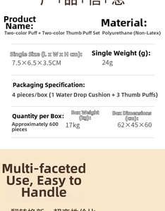 Detailed chart showing 4-piece bicolor mini finger puff set materials and size dimensions