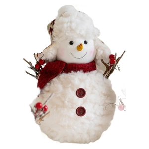 Plush knitted Christmas snowman figurine with red scarf and carrot nose decoration