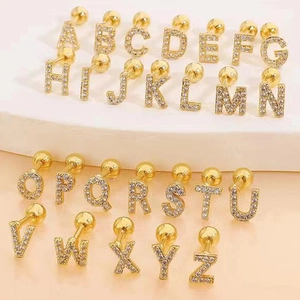 Full set of 26 English letter gold earrings with zircon crystals and screw back design