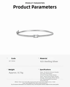 Detailed view of S925 sterling silver bangle with emerald-cut zircon and pave settings