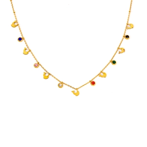 Detail of gold-plated stainless steel necklace with multi-colored zircons and dolphin charms