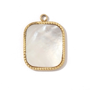 Detailed close-up of a rectangular gold-plated stainless steel pendant with white shell inlay