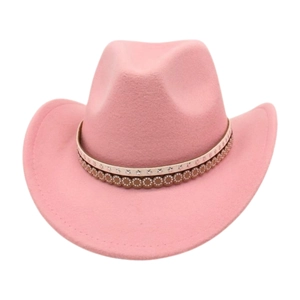 Pink felt western cowboy hat with star patterned band and wide brim for sun protection