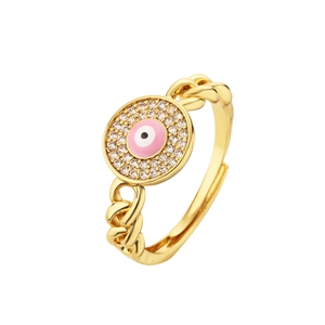 Gold chain ring featuring a pink enamel evil eye motif with sparkling zircon stones