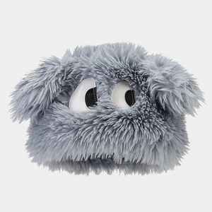 Close-up of gray plush cat hat featuring large creative cartoon eyes and fuzzy texture