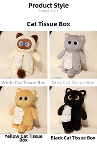 Plush cat tissue box cover collection in Siamese, grey, orange and black fur styles