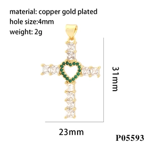 Cross heart pendant dimensions 31x23mm in 18K gold plated copper with cubic zirconia