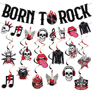 Rock And Roll Music Theme Party Decoration Born To Rock Banner Paper Hanging Swirls Skull Guitar Design Festive Decor