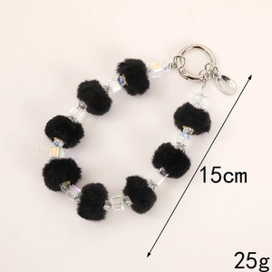 Plush faux fur ball and crystal beaded keychain charm for bags with 15cm silver chain