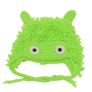 Handmade green crochet monster hat with shaggy fur and cute big eyes for winter
