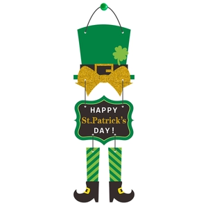 Hanging St. Patrick's Day door sign featuring green leprechaun hat and clover decor