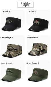 Detail showing various cadet caps in camo and solid colors with embroidery on a white background