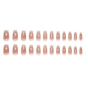 Set da 24 unghie a bara sfumate rosa con scaglie di argento e glitter brillanti