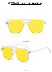 Detailed front and side view of oversized pilot sunglasses with transparent frames and yellow lenses