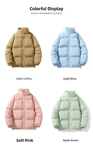 Detail showcasing the light coffee, blue, pink, and apple green winter puffer jackets