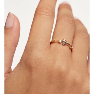 S925 sterling silver ring with colorful stones and gold finish worn on finger