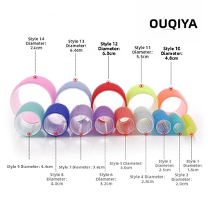Detailed size chart showing nylon hair rollers in 14 diameters from 1.5cm up to 7.4cm