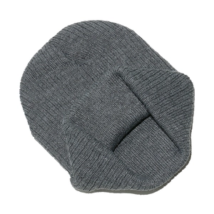 Close-up of the thick ribbed knit texture and dark grey fabric of this warm winter beanie
