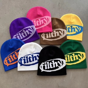 Filthy Letter Jacquard Knit Beanie Hat For Men Women Winter Warm Acrylic Streetwear Hip Hop Cuffless Skull Cap
