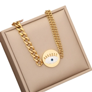 Golden stainless steel chain bracelet with a sparkling crystal evil eye pendant